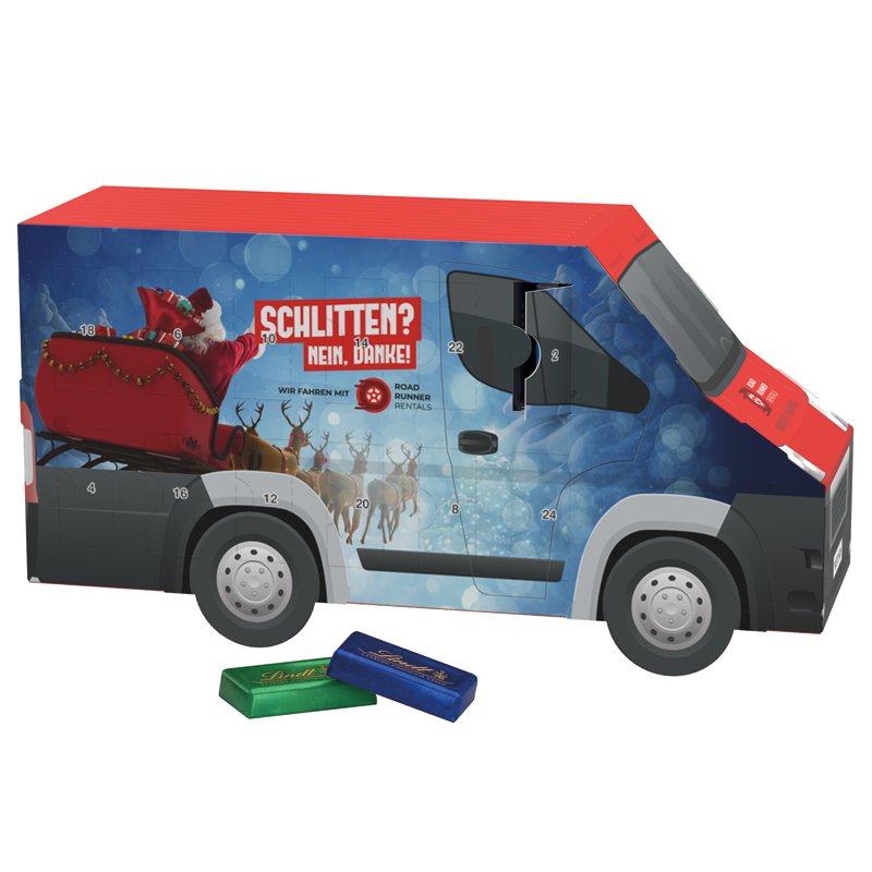 Adventskalender in de vorm van een witte bestelbus met 24 Lindt mini-repen