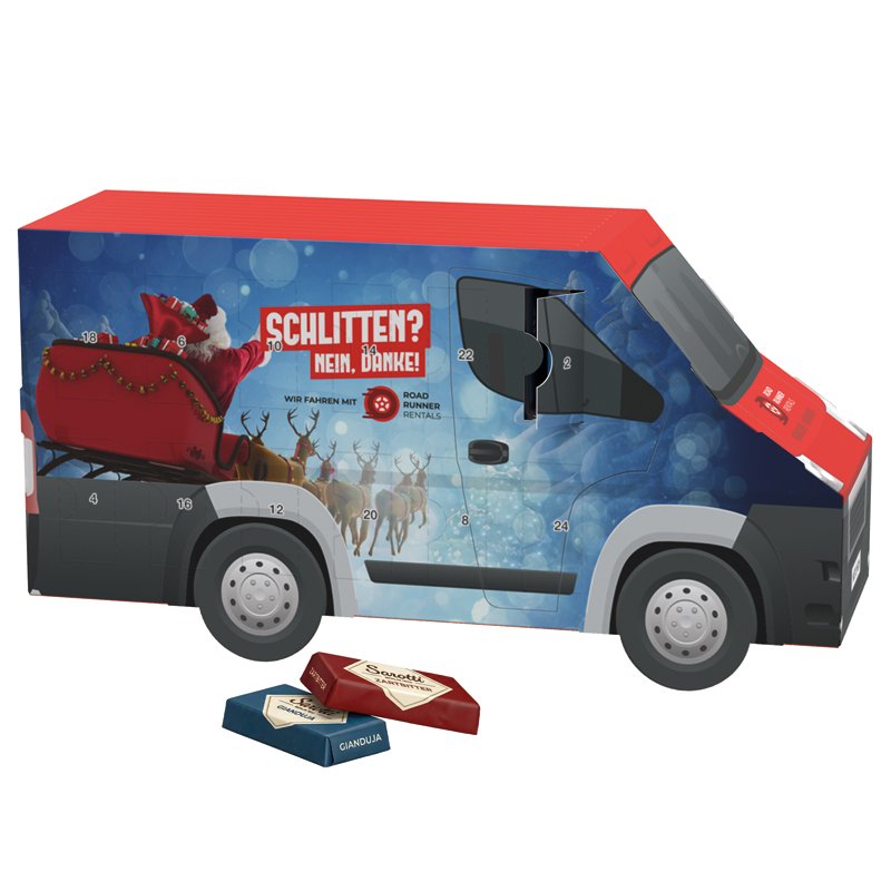 Adventskalender in de vorm van een witte bestelbus met 24 Sarotti mini-repen in vier smaken