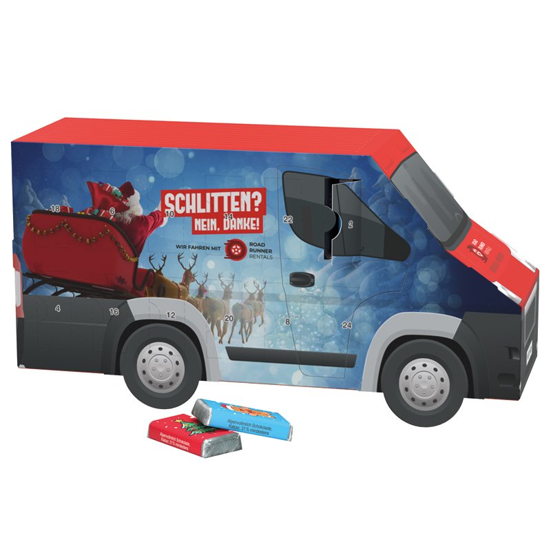 Adventskalender in de vorm van een witte bestelbus met 24 mini-repen met kerstprint
