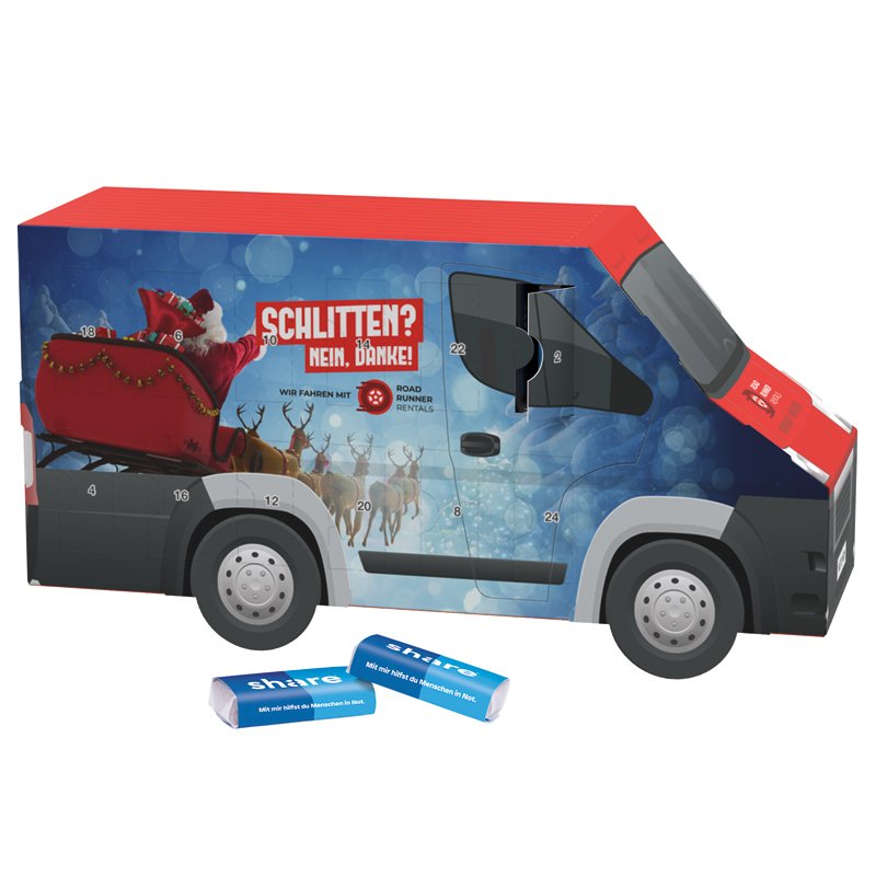 Adventskalender in de vorm van een witte bestelbus met 24 share mini-repen in pergamijnpapier