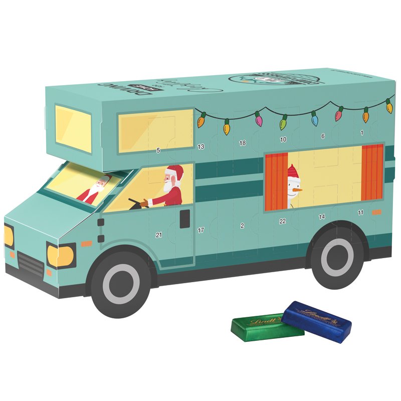 Adventskalender in de vorm van een witte camper met 24 Lindt mini-repen