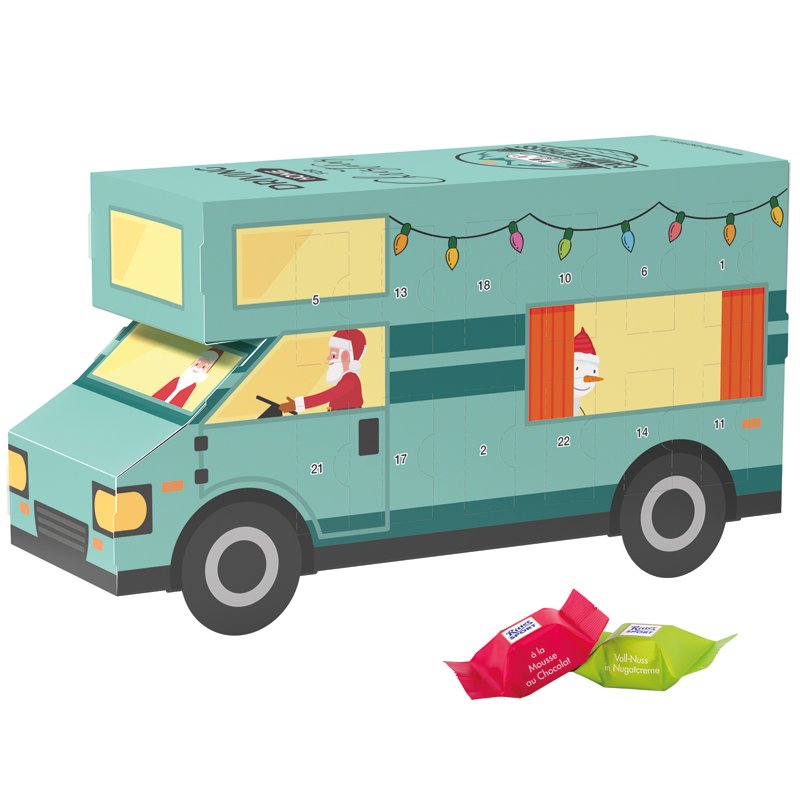 Adventskalender in de vorm van een witte camper met 24 Ritter SPORT chocoladeblokjes