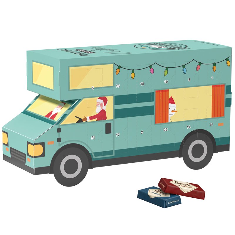 Adventskalender in de vorm van een witte camper met 24 Sarotti mini-repen in vier smaken