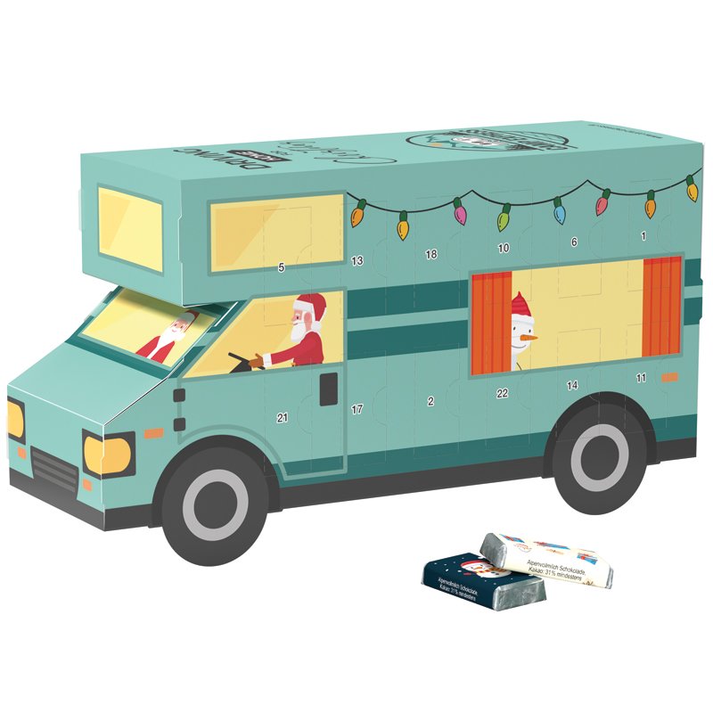 Adventskalender in de vorm van een witte camper met 24 mini-repen met kerstprint