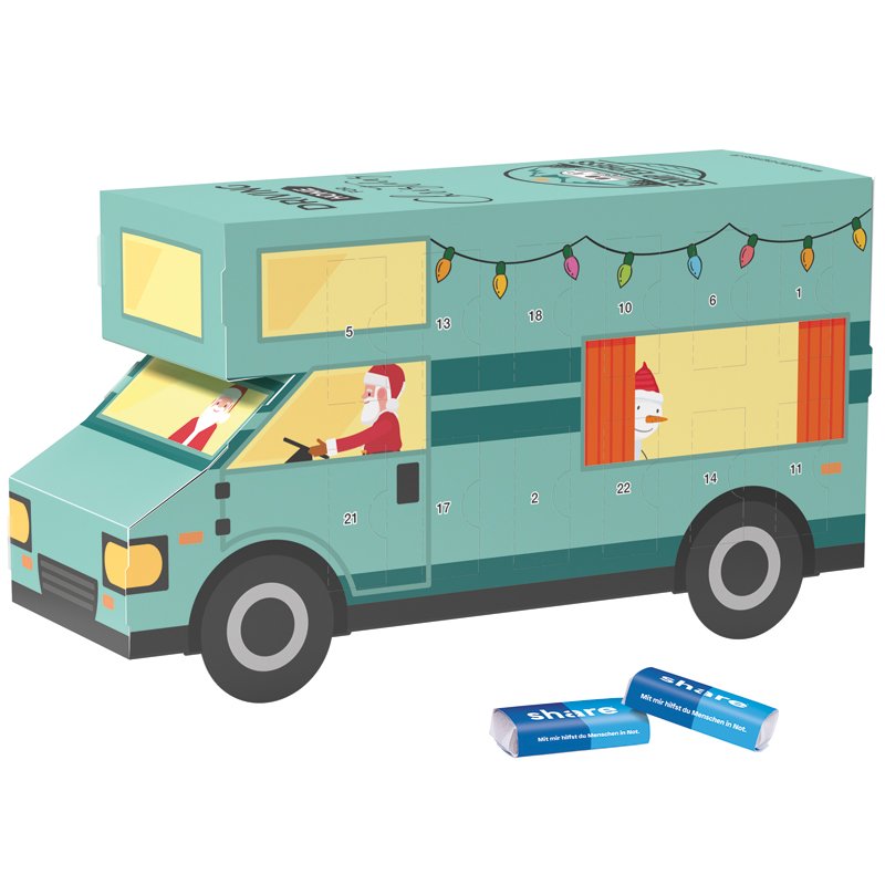 Adventskalender in de vorm van een witte camper met 24 share mini-repen in pergamijnpapier