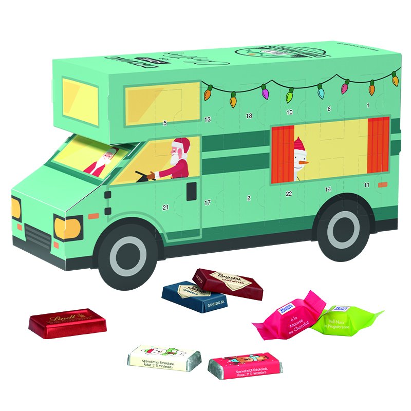 Adventskalender in de vorm van een witte camper, rondom bedrukbaar met een eigen ontwerp