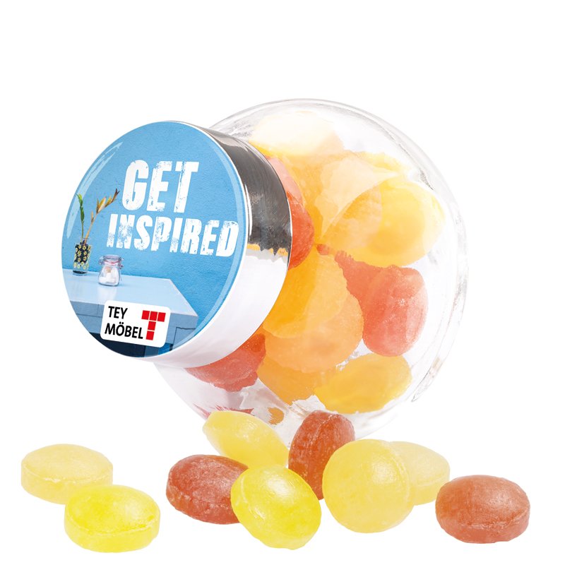 Mini snoeppotje met etiket op het deksel, fruitmix, doming-etiket