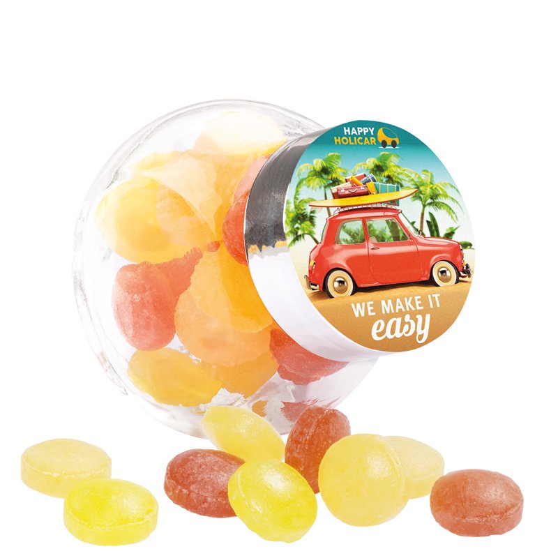 Mini snoeppotje met bedrukt etiket op het deksel