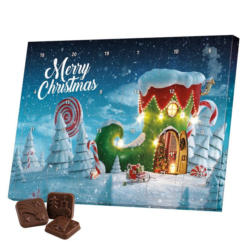 Klassieke bureau-adventskalender met mini-repen van een cacaovrij melkchocoladealternatief