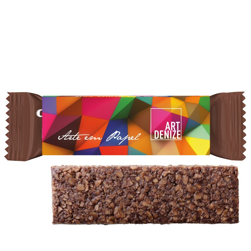 Corny Haferkraft-reep met cacao in kartonnen wikkel met eigen ontwerp