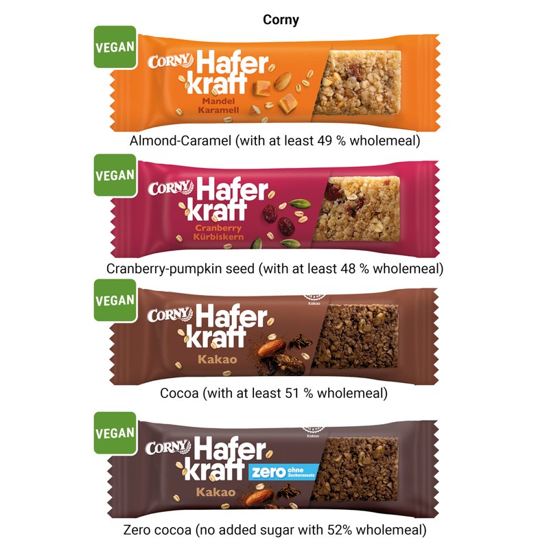 Corny Haferkraft-reep in kartonnen wikkel met logo: Amandel-karamel
