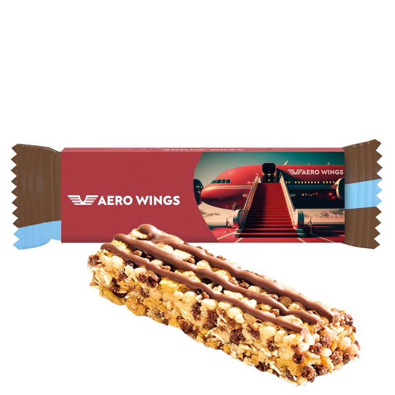 Corny free mueslireep met chocolade in een kartonnen wikkel met eigen ontwerp
