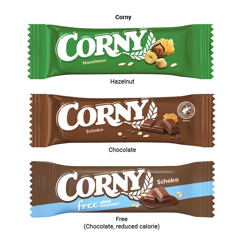Corny mueslireep in kartonnen wikkel met eigen ontwerp: Chocolade