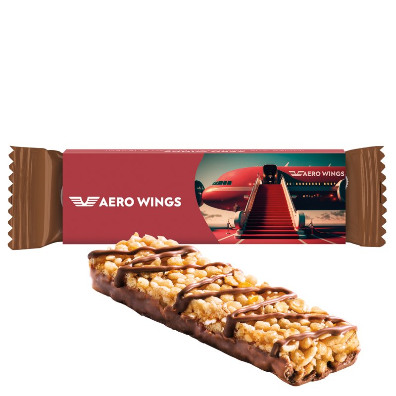 Corny mueslireep met chocolade in een kartonnen wikkel met eigen ontwerp