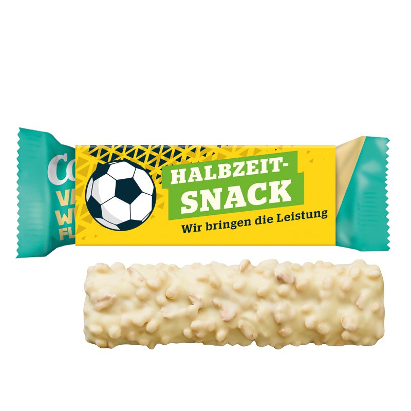 Corny proteïnereep crunchy vanille en witte chocolade in kartonnen wikkel met eigen ontwerp