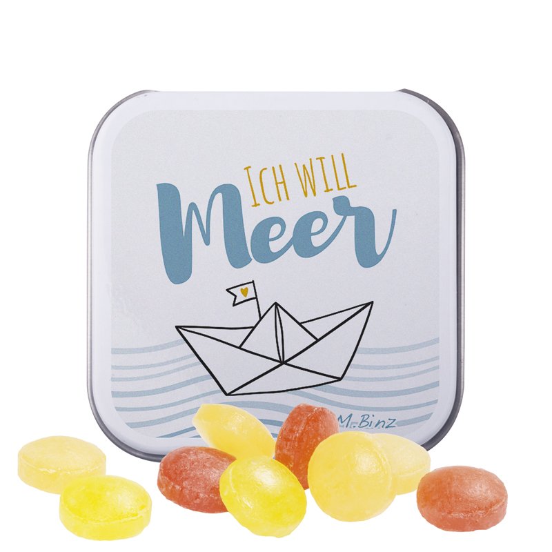Vierkant wit blikje met bedrukt deksel en Cavendish & Harvey mini fruitsnoepjes