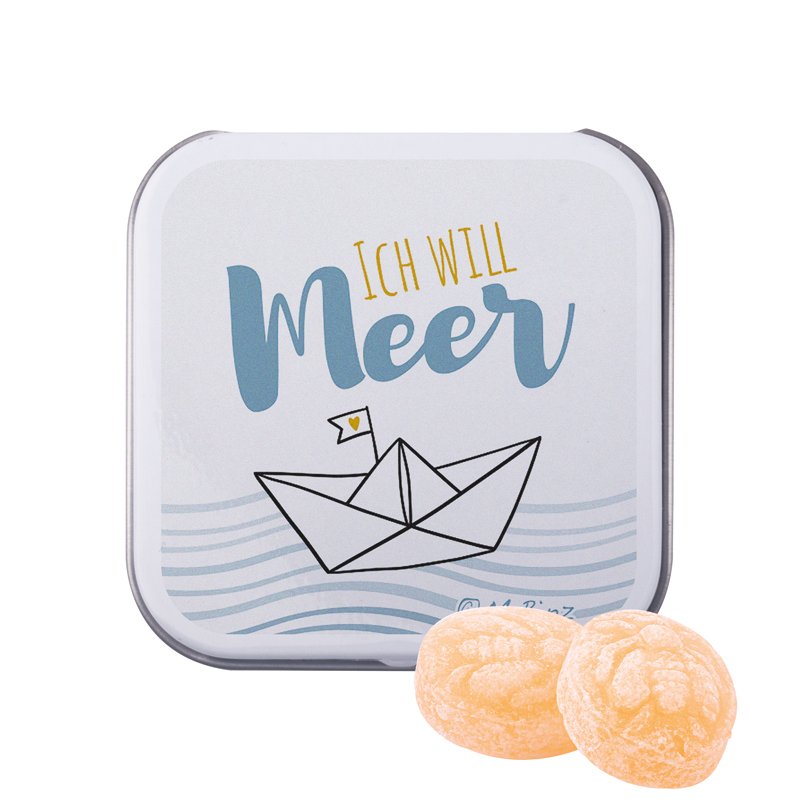 Vierkant wit blikje met bedrukt deksel en mini honingsnoepjes van Cavendish & Harvey
