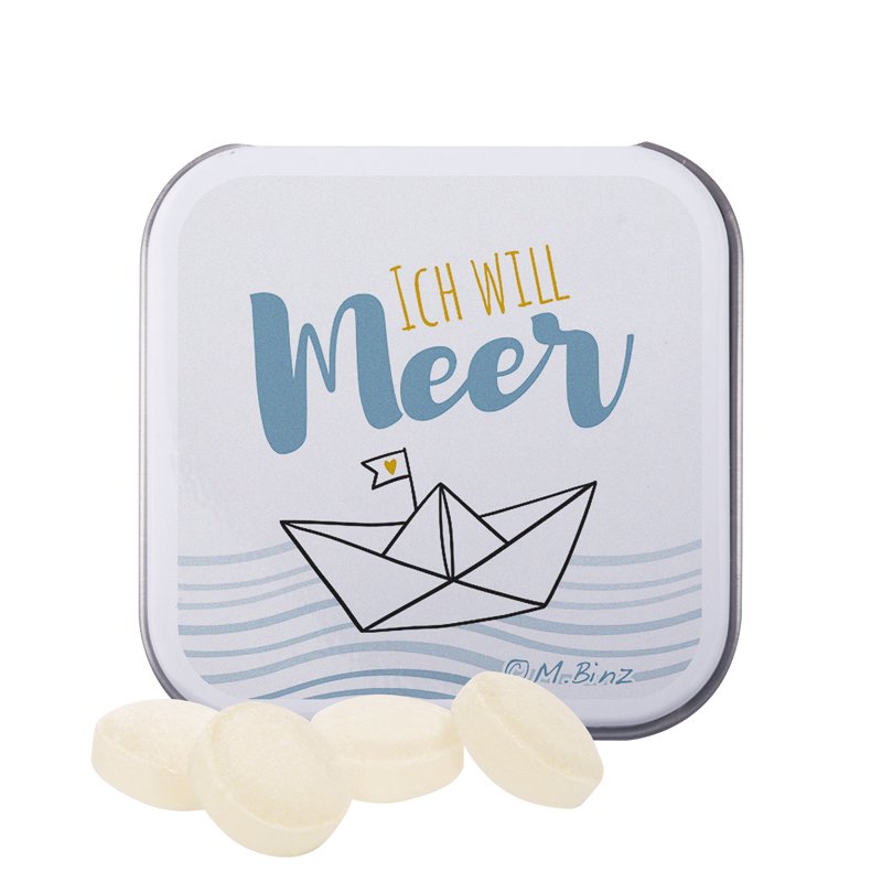 Vierkant wit blikje met bedrukt deksel en Cavendish & Harvey mini mintsnoepjes