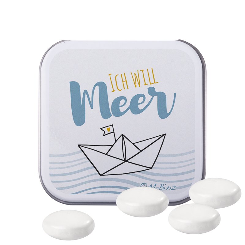 Vierkant wit blikje met bedrukt deksel en Mentos kauwsnoep met muntsmaak