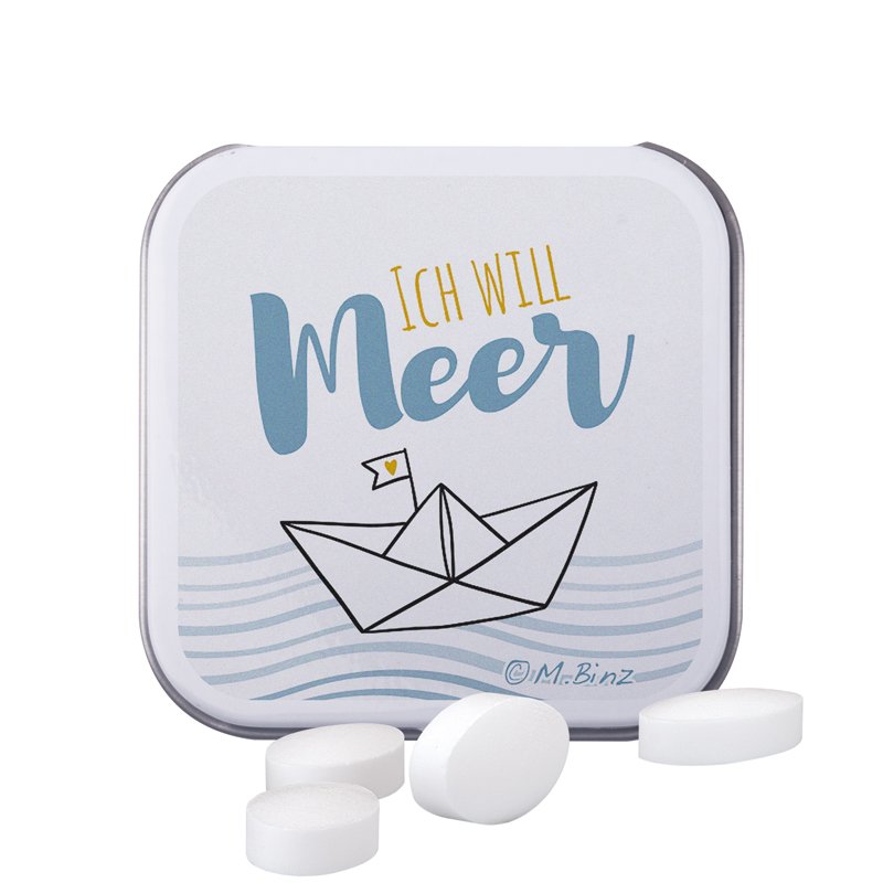 Vierkant wit blikje met bedrukt deksel en suikervrije Pfeffi pepermuntpastilles