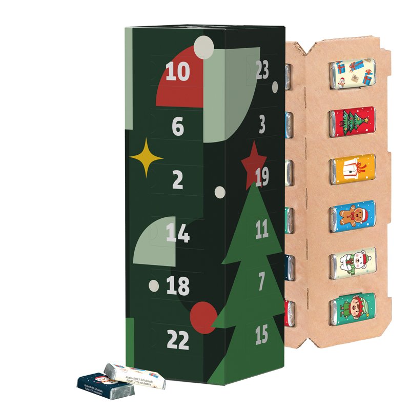Hoge adventskalender-toren met papieren inlay en mini-repen met kerstprint