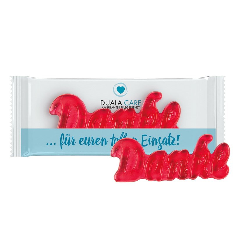 Flowpack van transparante folie met Trolli fruitgom en een eigen ontwerp