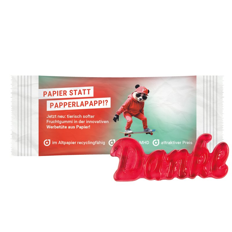 Flowpack van wit PaperPlus Pro-papier met Trolli fruitgom en een eigen ontwerp