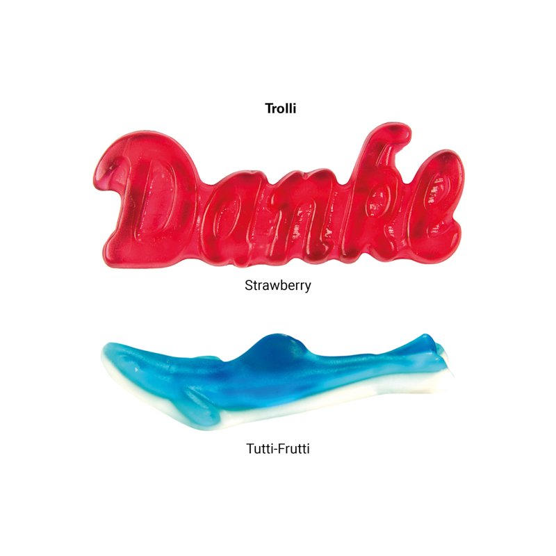 Trolli haai fruitgom in flowpack met logo: Flowpack wit