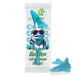Flowpack van composteerbare transparante folie met Trolli fruitgom en een eigen ontwerp