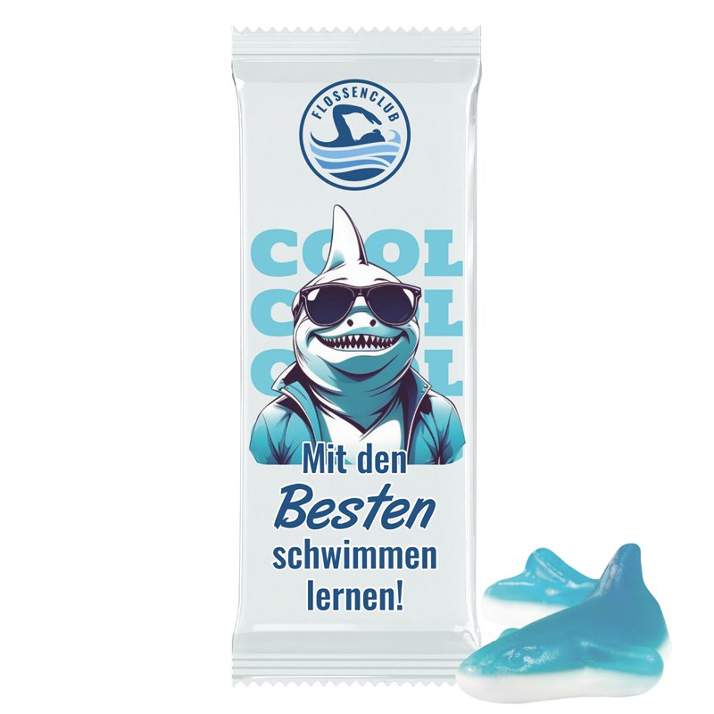 Trolli fruitgom haai in witte flowpack met eigen ontwerp