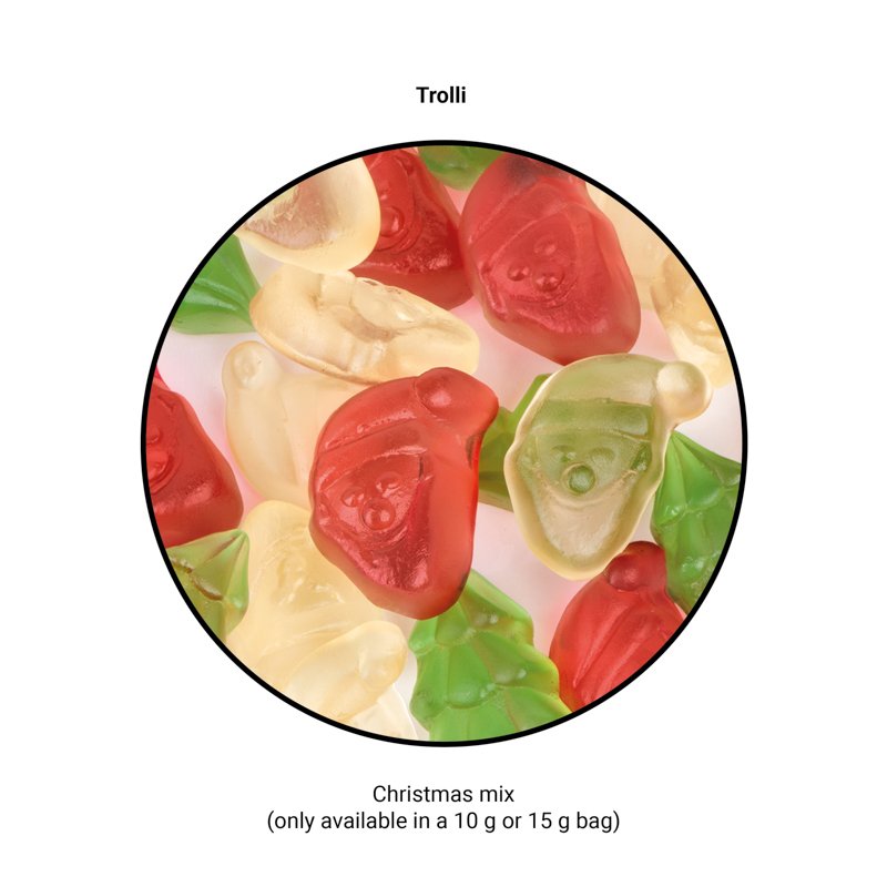 Trolli kerstfruitgom in reclamezakje 15 g met eigen logo: Witte folie
