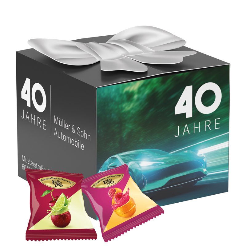 Geschenkdoosje met strik en snoep, double Fruit Bonbons