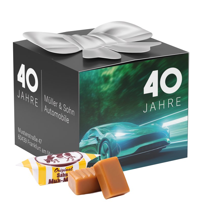 Geschenkdoosje met strik en snoep, muh-Muhs Toffees