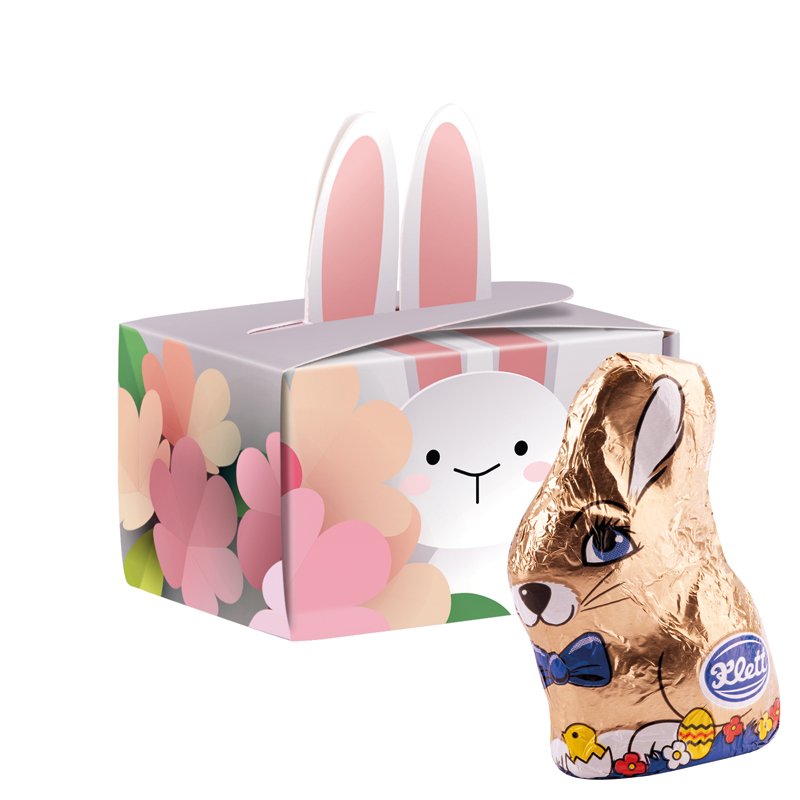 Wit kartonnen mini paasdoosje met haasjesoren en Klett chocoladehaasje