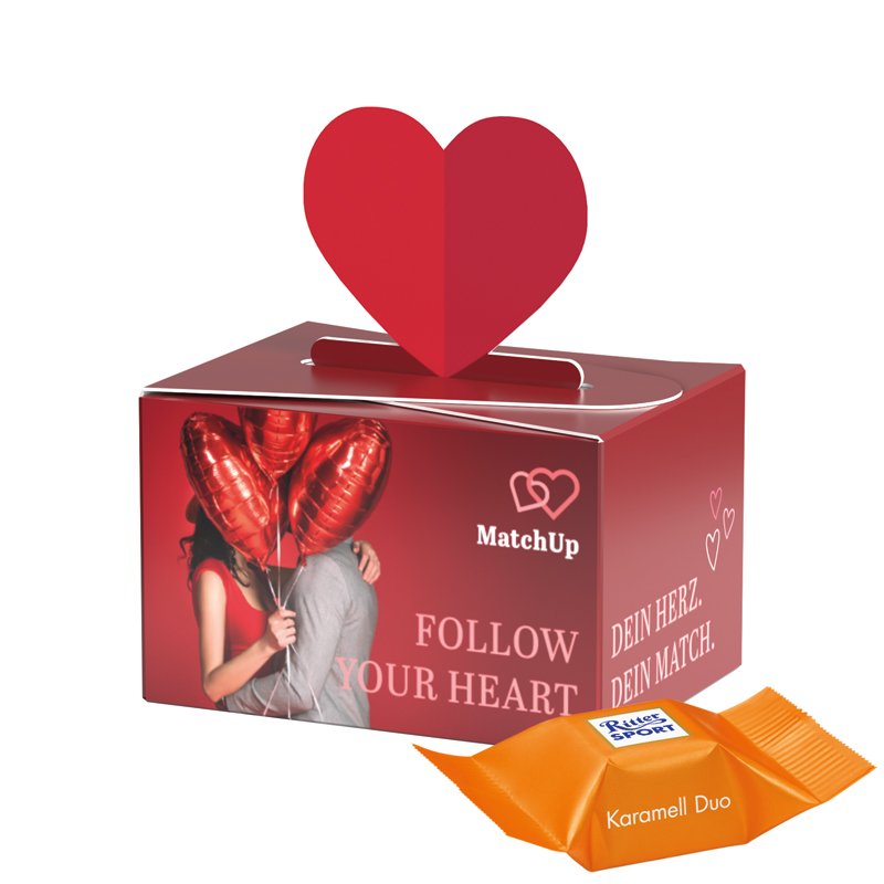 Mini doosje hart met Ritter SPORT Double Caramel blokjes en eigen ontwerp