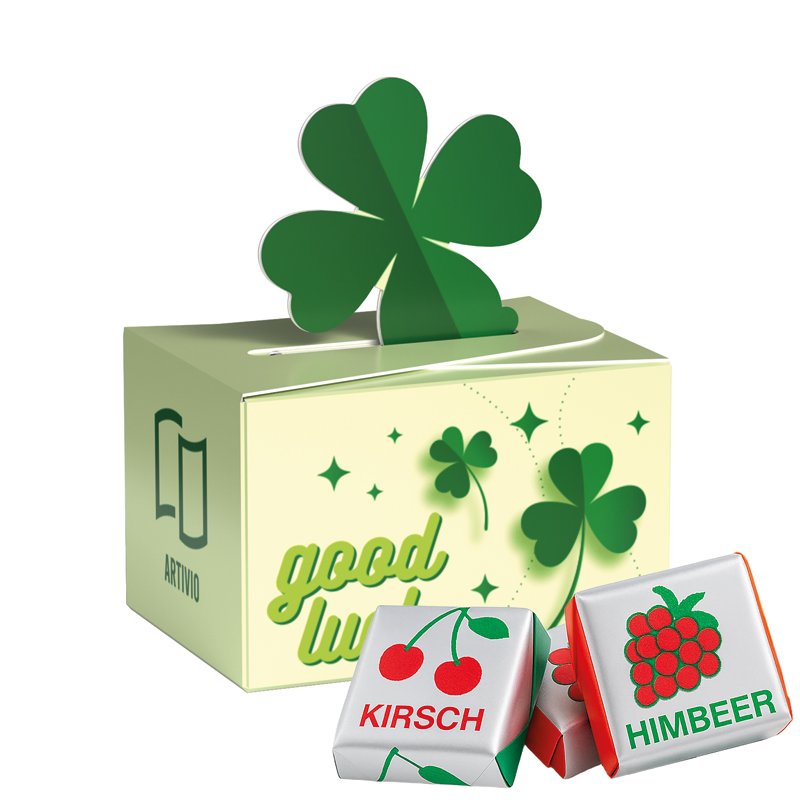 Mini doosje klaverblad met Böhme fruitkaramels en eigen ontwerp