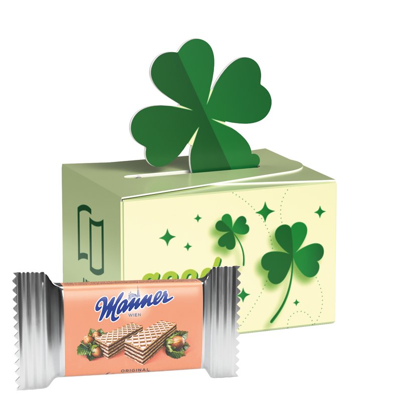 Mini doosje klaverblad met Manner wafels en eigen ontwerp