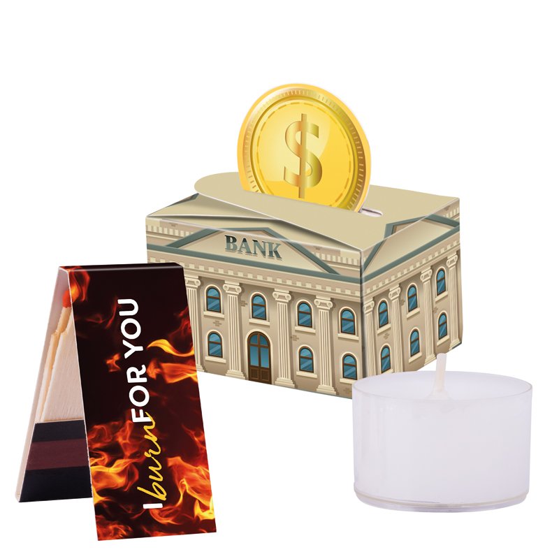 Mini cadeaudoosje met ronde opklapvorm, waxinelichtje en lucifersboekje, eigen ontwerp