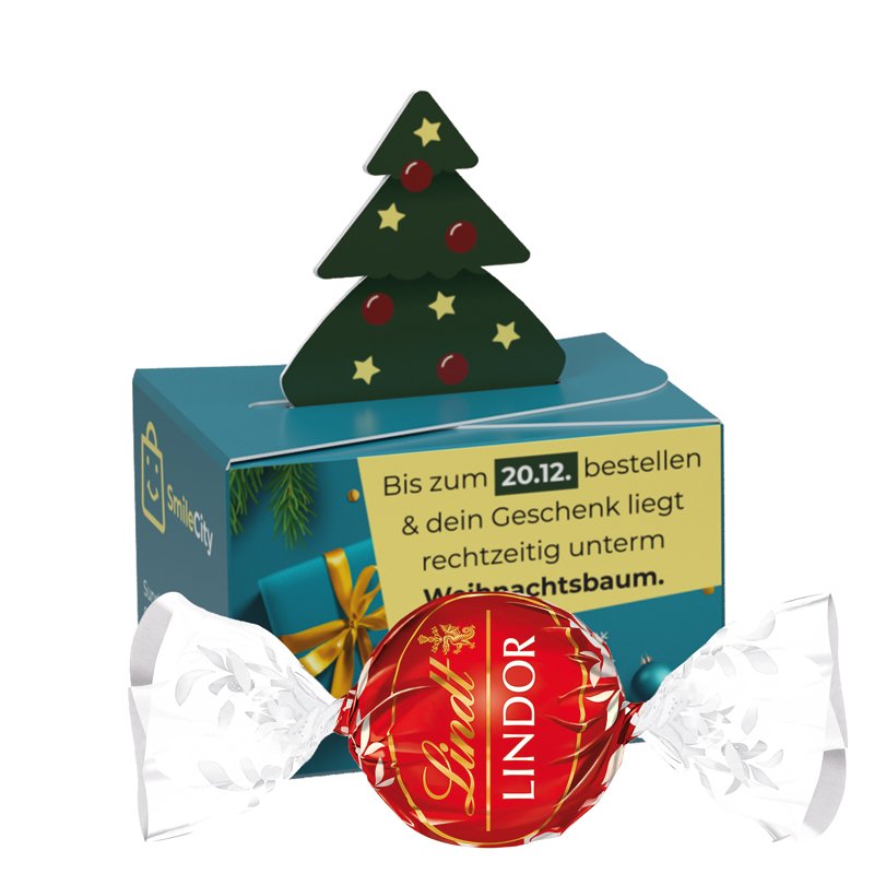 Mini kerstdoosje met kerstboom als sluiting en 1 LINDOR melkchocolade-bolletje