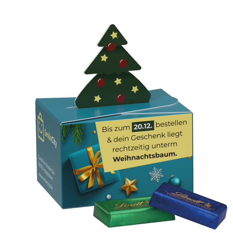 Mini kerstdoosje met kerstboom als sluiting en 4 Lindt mini-repen