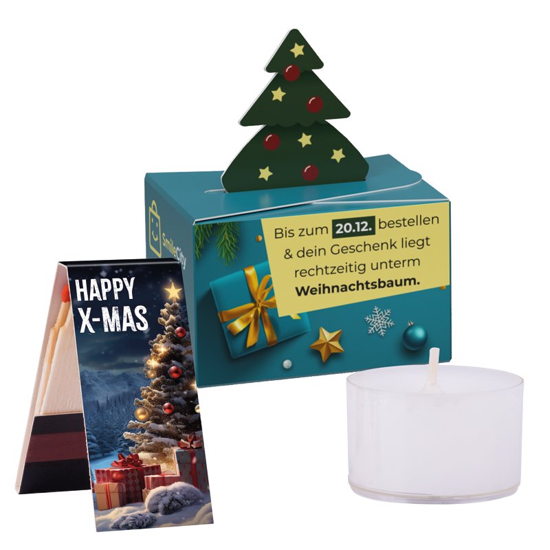 Mini kerstdoosje met cirkelvormige sluiting, een theelichtje en een kerstmotief-lucifersboekje