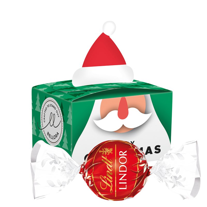 Mini kerstdoosje met kerstmuts als sluiting en 1 LINDOR melkchocolade-bolletje