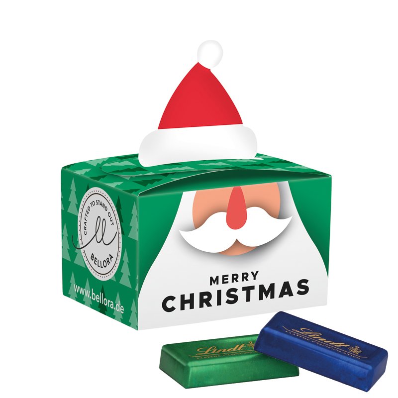 Mini kerstdoosje met kerstmuts als sluiting en 4 Lindt mini-repen