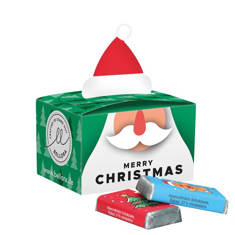 Mini kerstdoosje met kerstmuts als sluiting en 5 Alpen-mini-repen