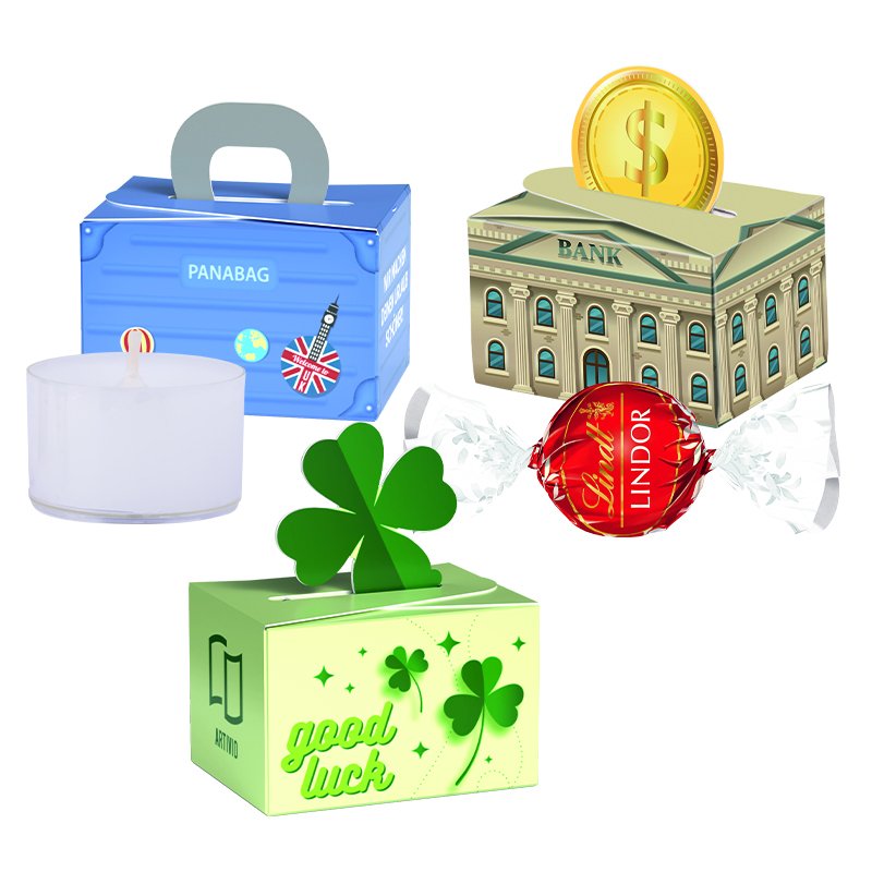 Mini cadeaudoosje van wit karton met waxinelichtje en lucifersboekje