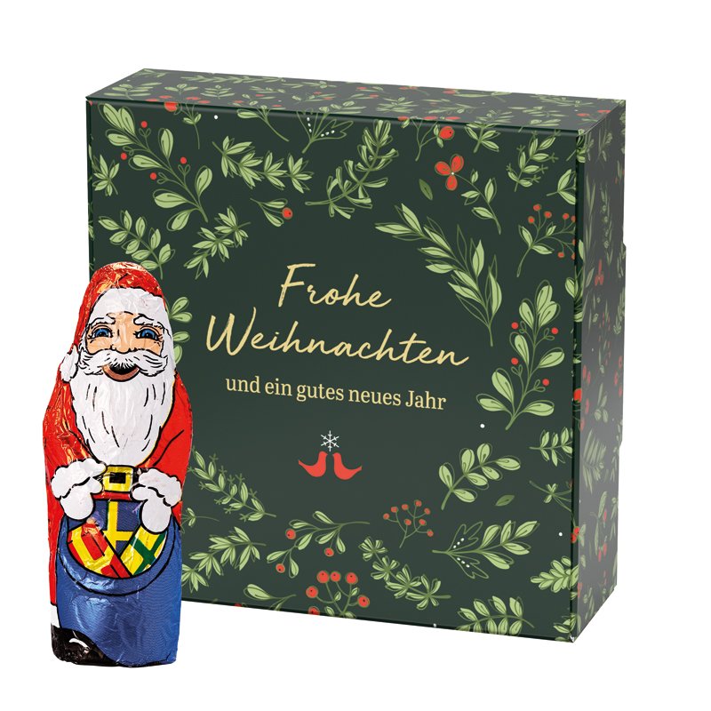 Wit kerstdoosje Flip box S met een Klett chocolade Kerstman en een eigen ontwerp
