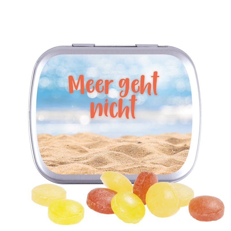 Plat metalen klepblikje met snoepjes fruitmix, glanzend, deksel bedrukt met een eigen ontwerp