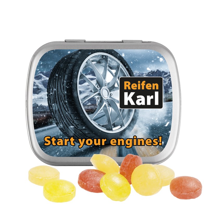 Plat metalen klepblikje met snoepjes fruitmix, mat zilverkleurig, deksel bedrukt met een eigen ontwerp