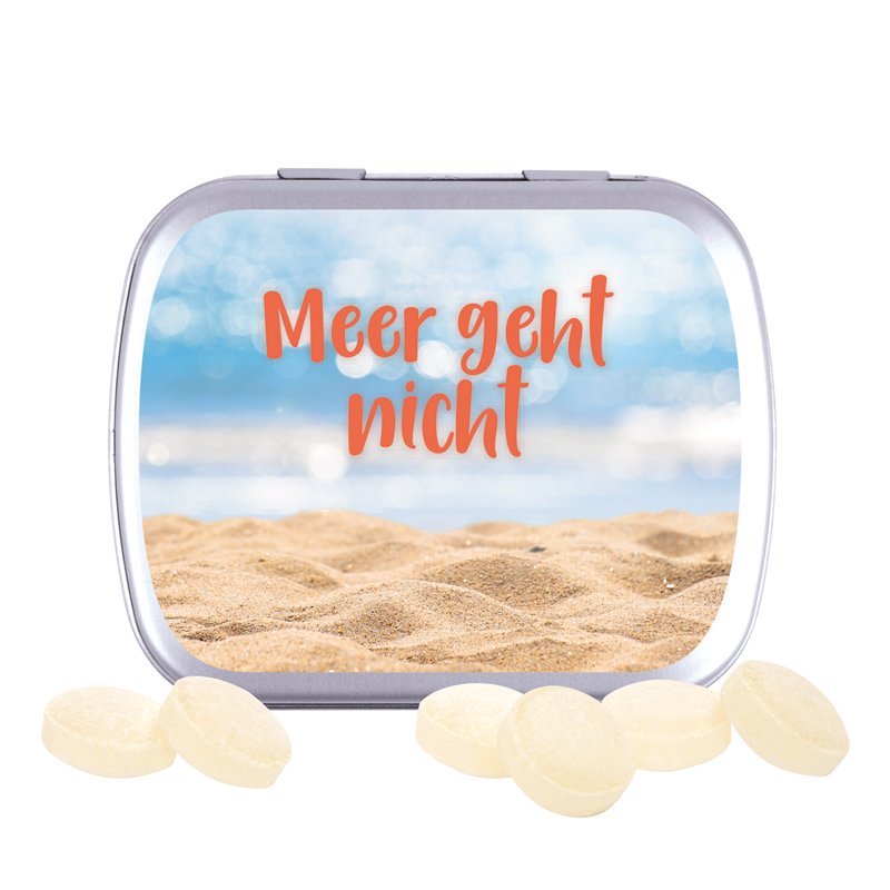 Plat metalen klepblikje met snoepjes Japanse mint, glanzend, deksel bedrukt met een eigen ontwerp
