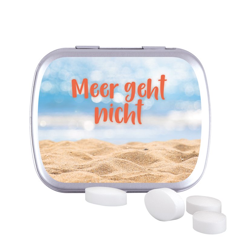 Plat metalen klepblikje met Pfeffi pepermuntpastilles, glanzend, deksel bedrukt met een eigen ontwerp